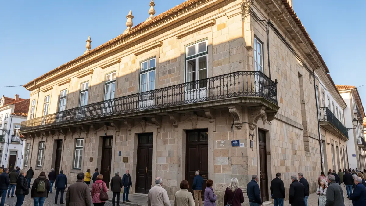 Imagem genérica de uma fachada de Câmara Municipal tradicional portuguesa em pedra com varanda e escadaria ornamentadas, sob luz solar de fim de tarde.