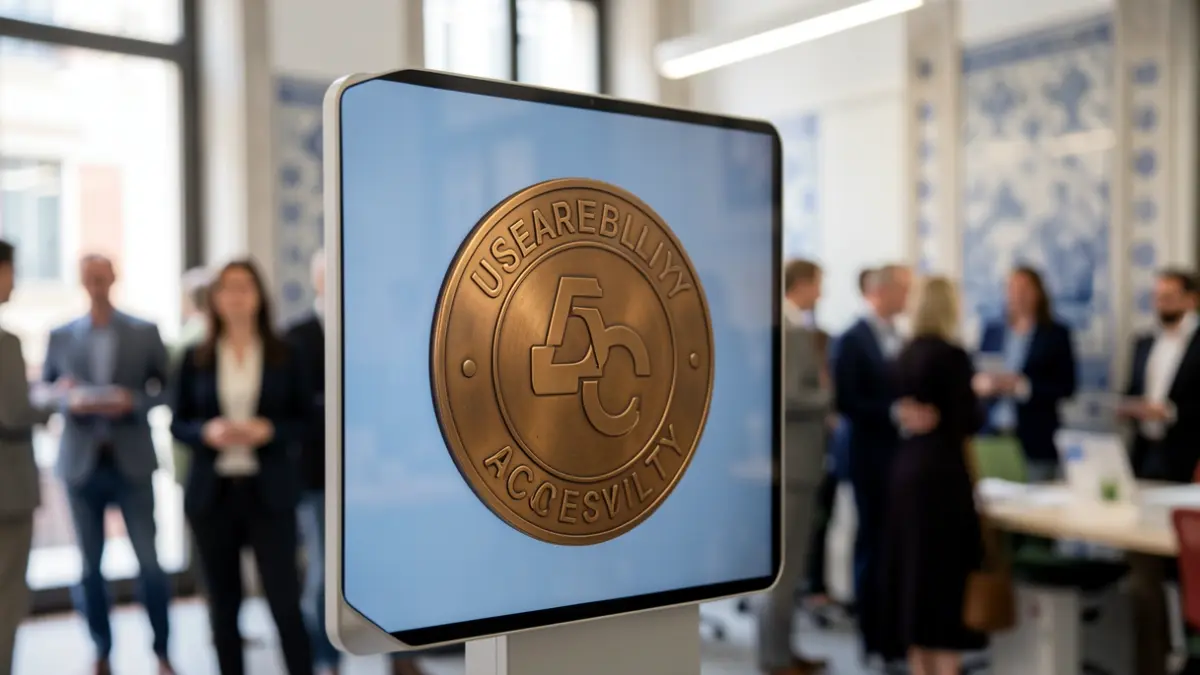 Selo Bronze de Usabilidade e Acessibilidade em destaque num ecrã digital, com elementos arquitetónicos portugueses desfocados ao fundo.