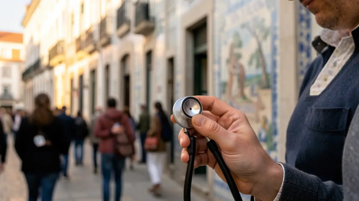 Imagem de um estetoscópio sobre uma fachada de edifício português com azulejos.