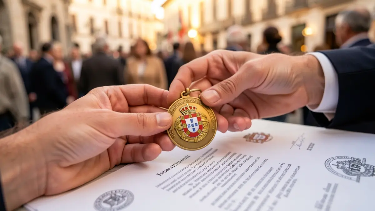 Imagen genérica de una mano sosteniendo una medalla con escudo portugués sobre un documento oficial.