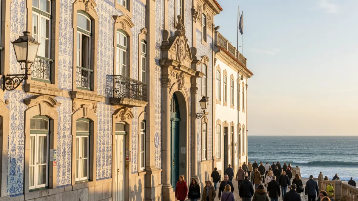 Imagen genérica de una fachada de edificio portugués con azulejos y detalles en piedra, luz de tarde.