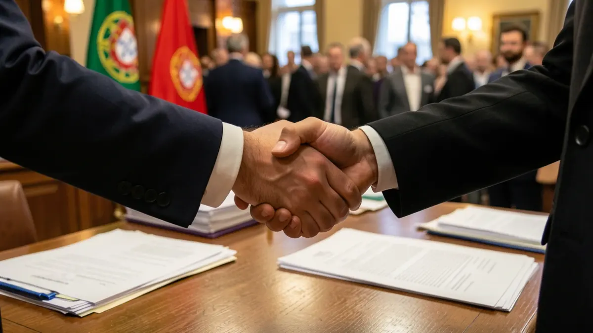Imagen genérica de manos estrechándose sobre un escritorio con papeles borrosos.
