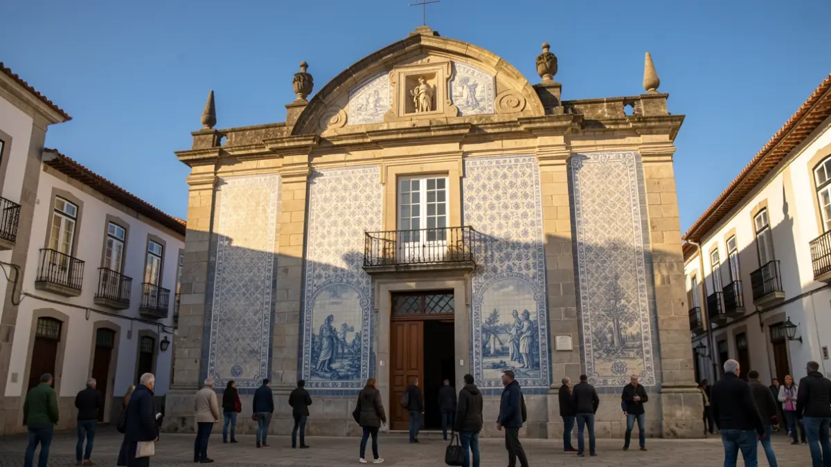 Generic image of a Town Hall with traditional Portuguese tiles and stone elements, under warm afternoon sunlight.