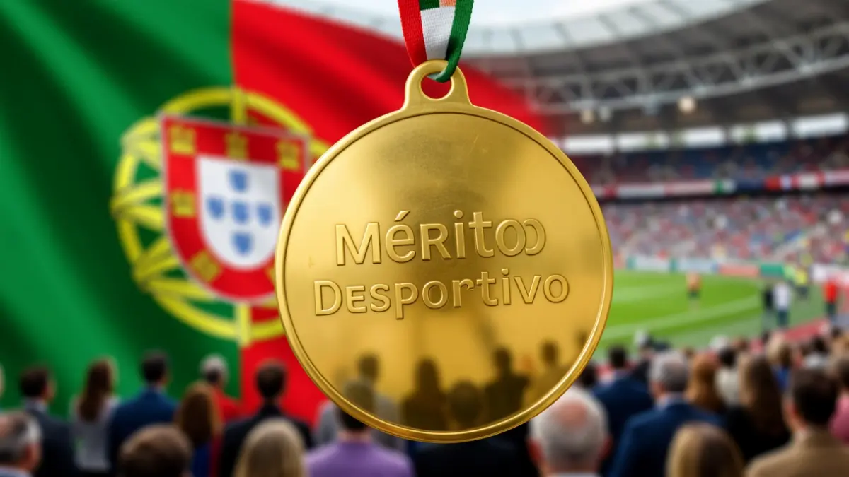 Generic image of a gold medal with the inscription 'Mérito Desportivo' on a blurred Portuguese flag.