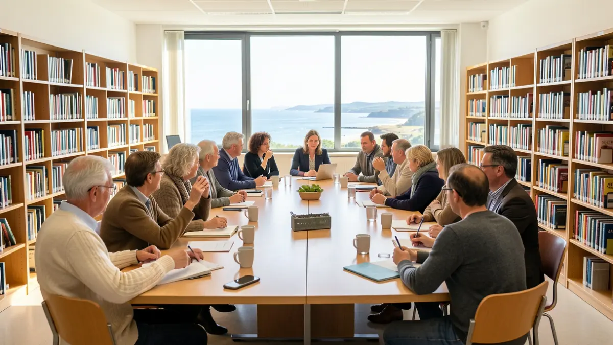 Imagem genérica de um grupo de pessoas a participar numa reunião numa sala moderna com vista para o mar.