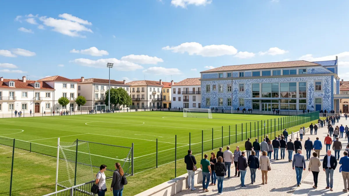 Generic image of a modern sports complex with multiple fields and a gymnasium, under a clear blue sky. Portuguese architectural elements visible.