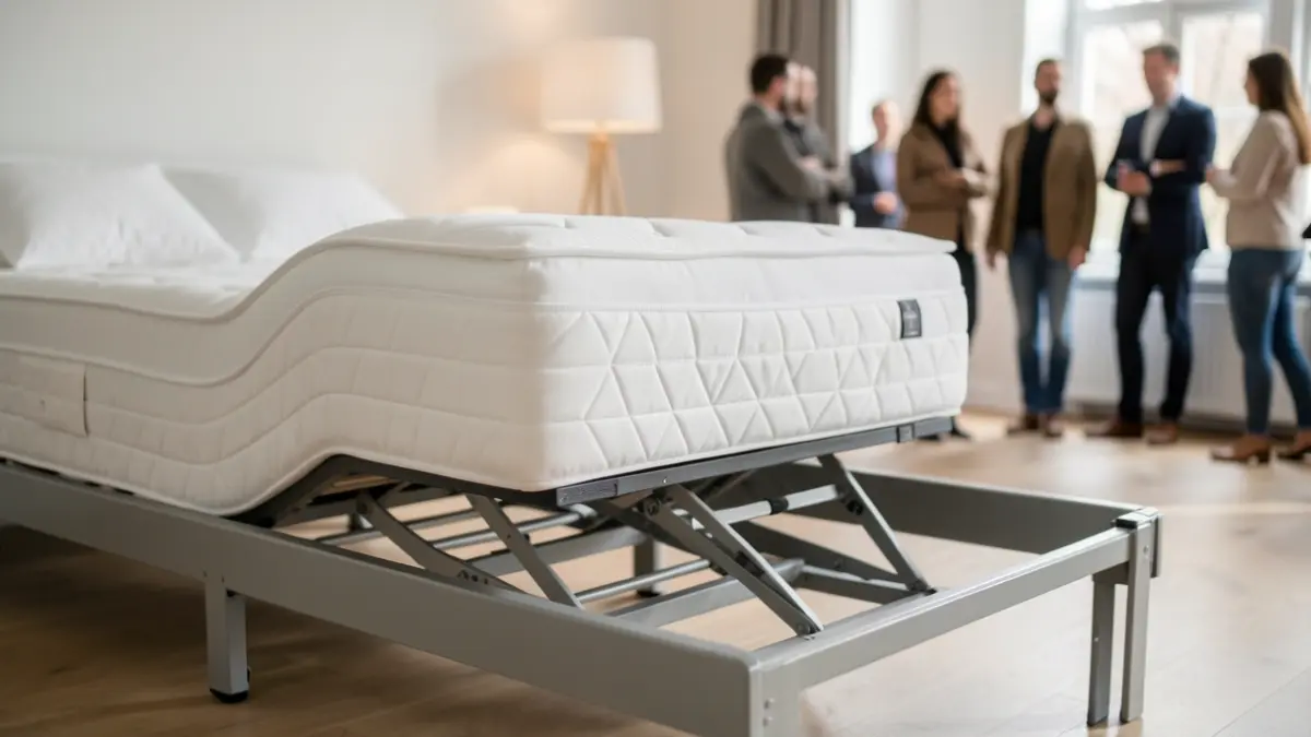 Close-up of a modern articulated bed frame with a white mattress and visible mechanism, in a softly lit domestic environment.