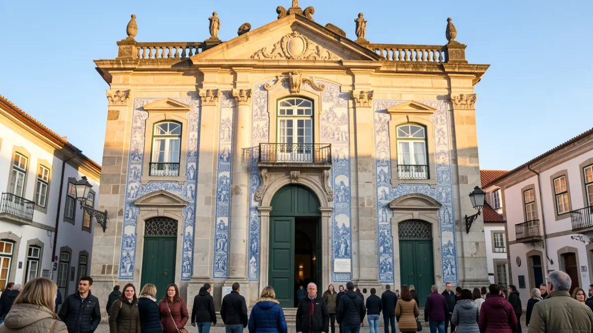 Generic image of the facade of a Portuguese municipal building with traditional tiles.