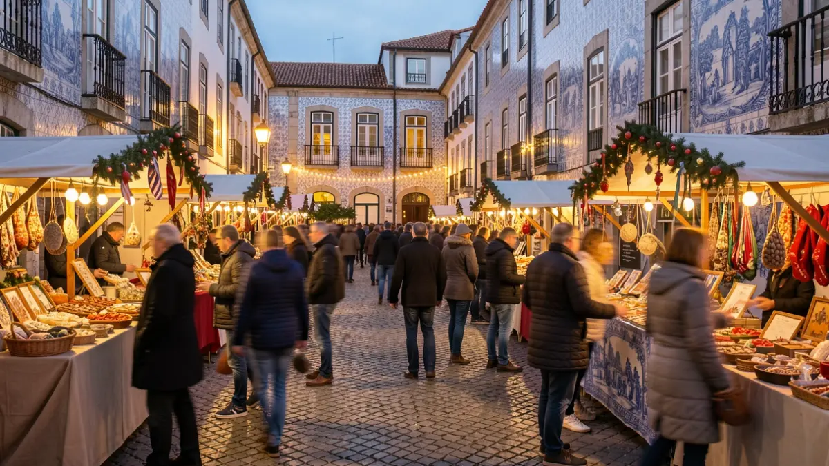 Mercado de Navidad en Santa Maria da Feira con puestos de artesanía y comida.