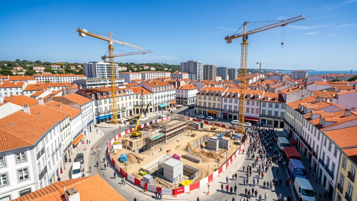 Vista aérea de obras em curso numa cidade portuguesa, com gruas e barreiras a indicar desenvolvimento.