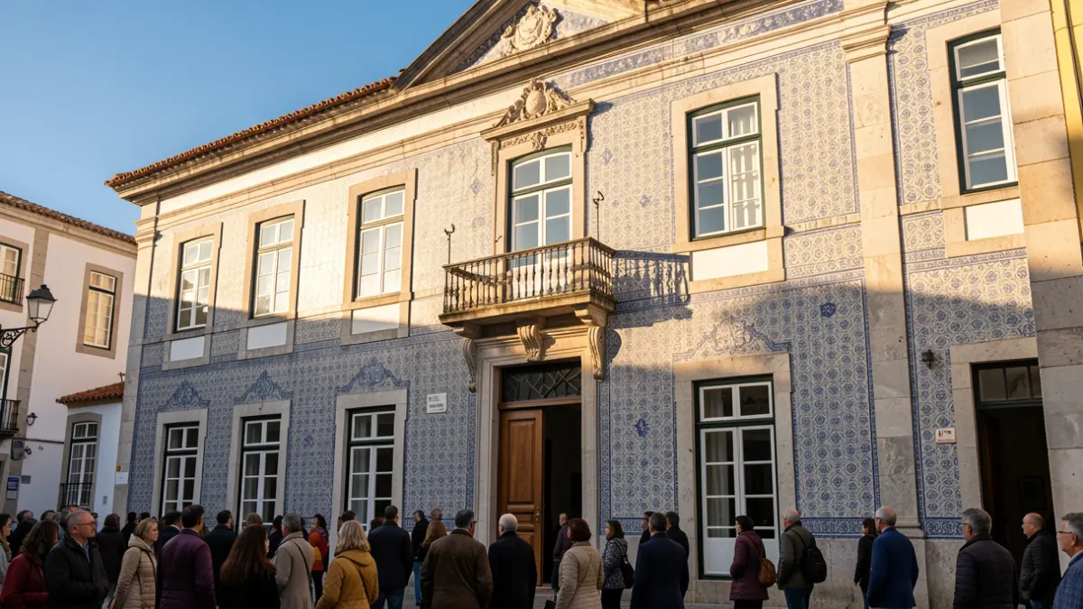 Facade of a Portuguese town hall with traditional azulejo tiles and balcony, warm afternoon sunlight, blue sky.