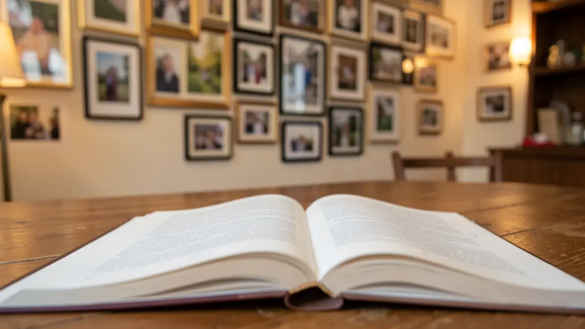 Imagen genérica de un libro abierto y fotografías en una pared, en un ambiente de celebración cultural.