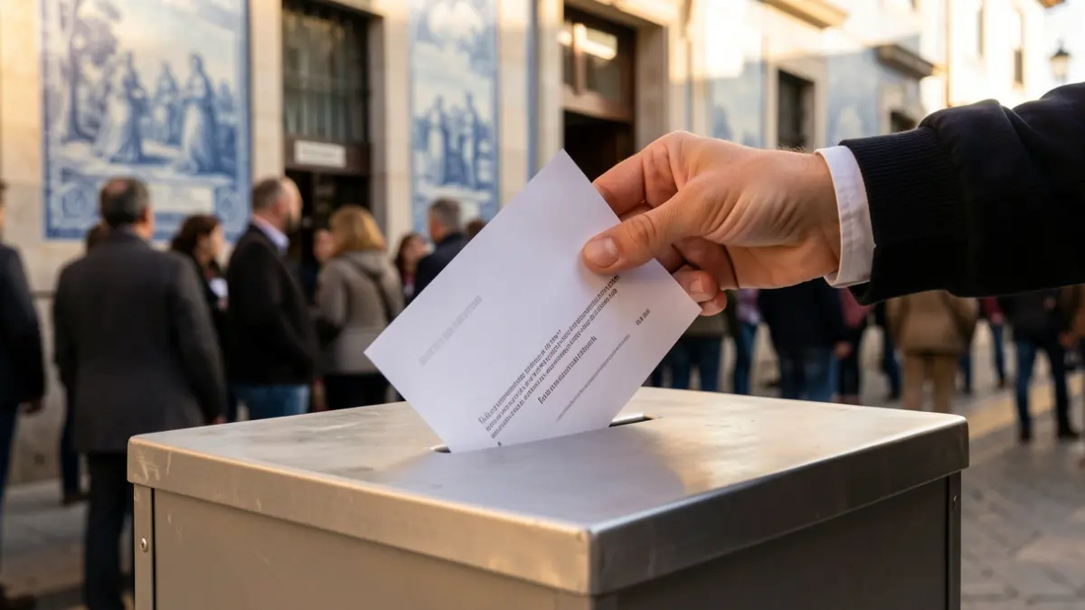 Generic image of a ballot box with a hand dropping a vote, blurred background of a Portuguese municipal building facade.