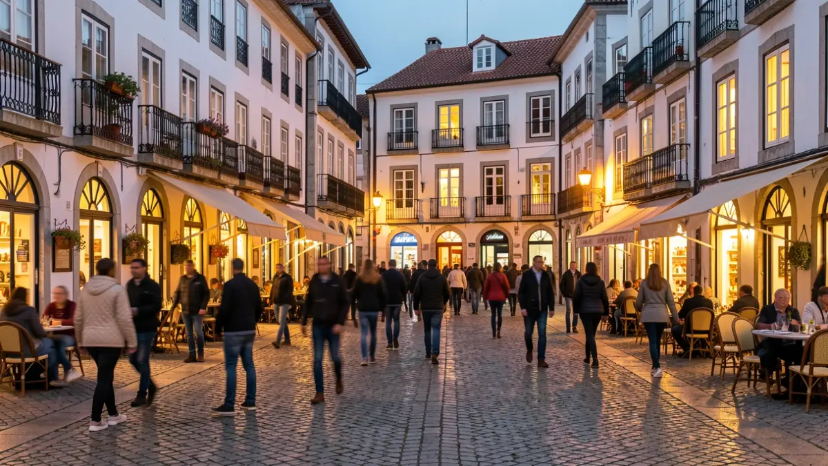 Generic image of a Portuguese town square at dusk, with ambient lighting and traditional architecture.