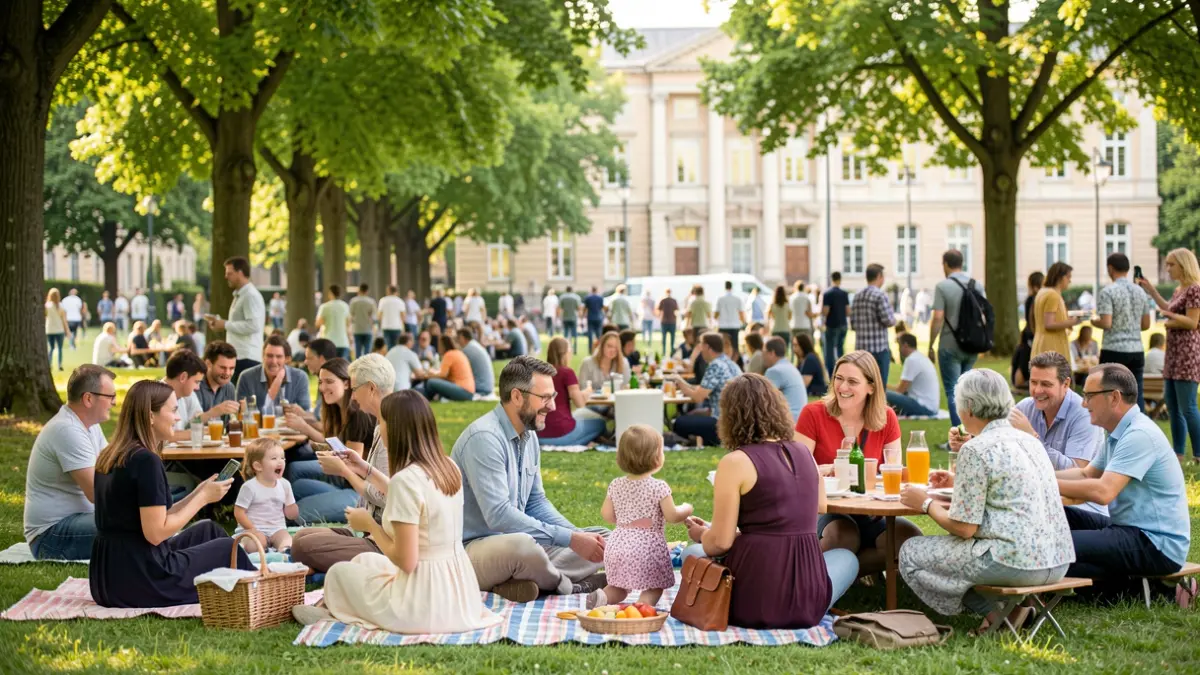 Imagem de um piquenique comunitário num parque, com pessoas de várias idades a interagir.