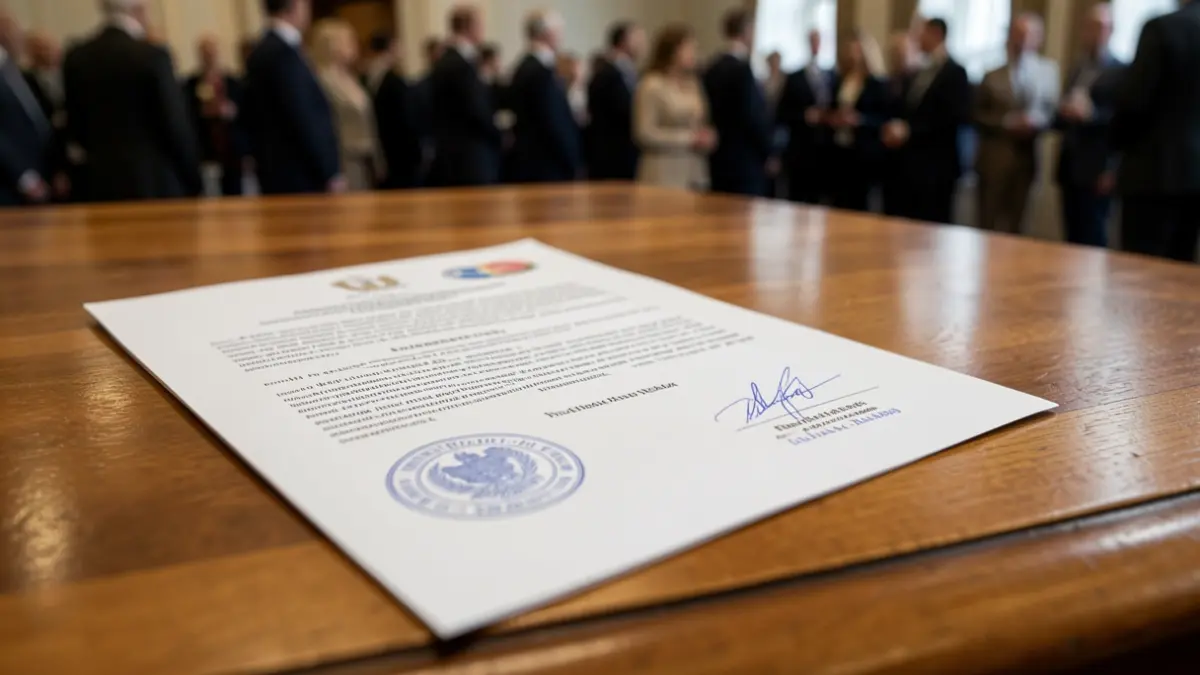 Generic image of an official document with seals and signatures on a wooden desk.