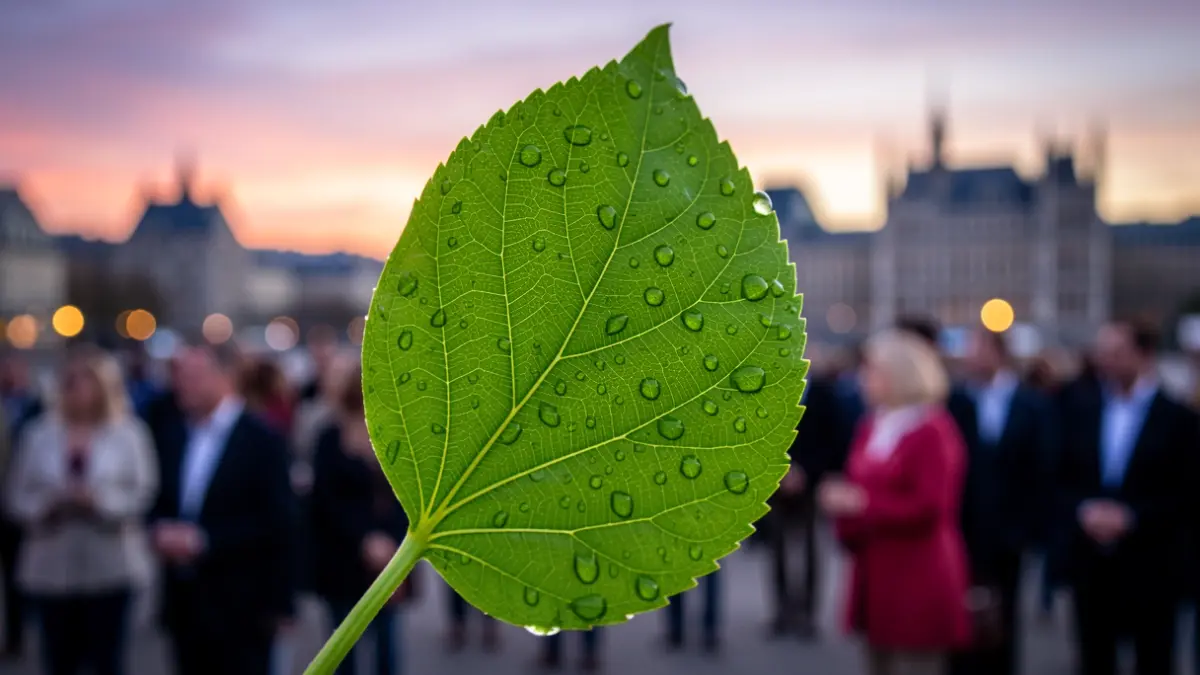 Imagem genérica de uma folha verde com gotas de orvalho, simbolizando prémios ambientais, com um horizonte urbano desfocado ao anoitecer.