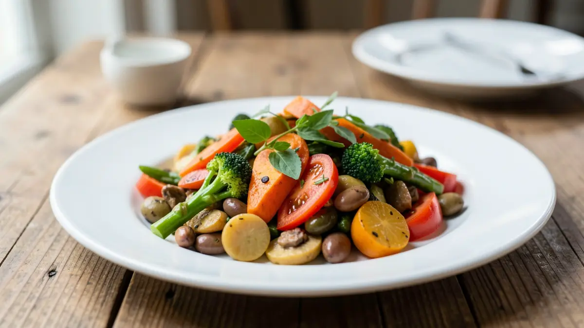 Imagem genérica de um prato de comida à base de plantas, com vegetais e leguminosas, sobre uma mesa de madeira.