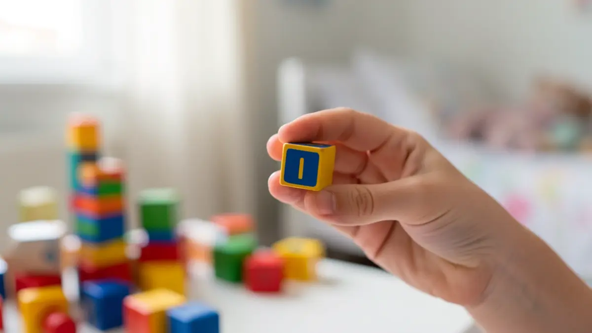 Imagem genérica de uma mão de criança a segurar um bloco de brinquedo, com fundo desfocado.