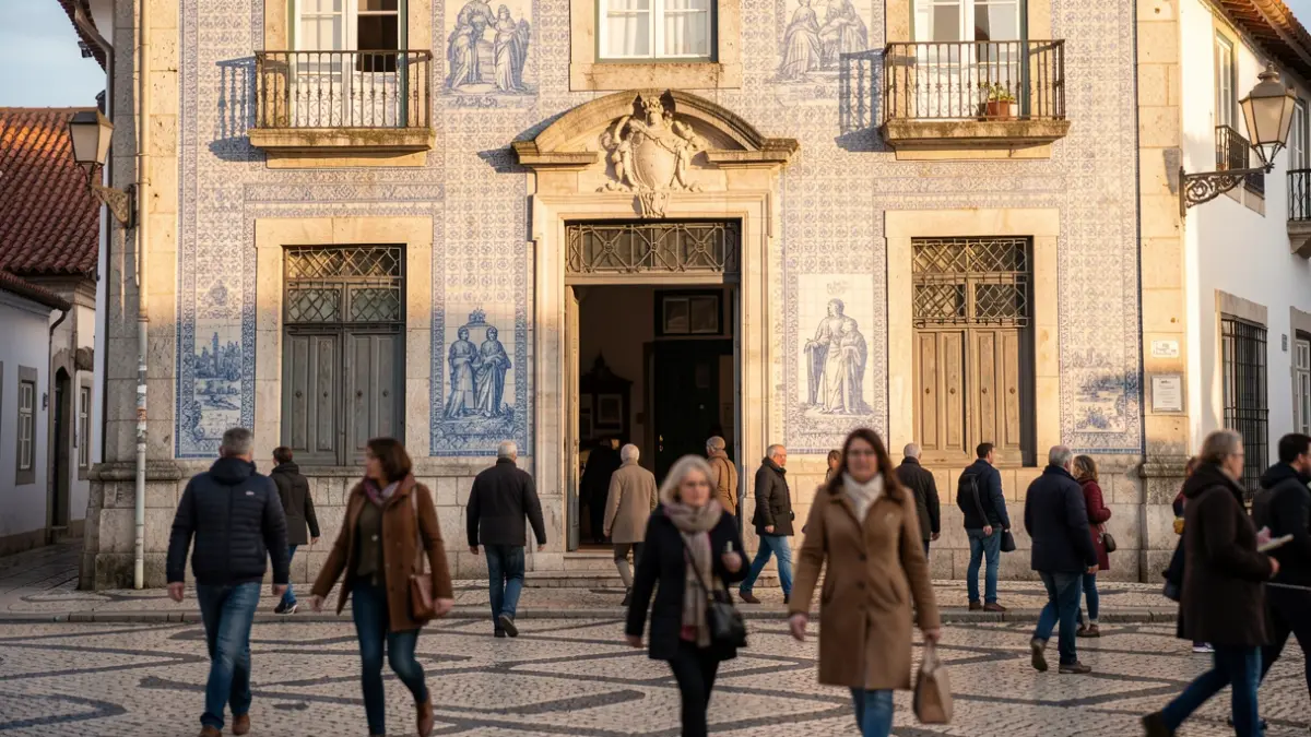 Facade of a municipal building in Portugal with traditional azulejo tiles and stone architecture, under afternoon sunlight.