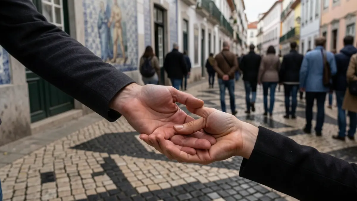 Manos ayudando a otra mano a salir de las sombras, con sutiles elementos arquitectónicos portugueses al fondo.