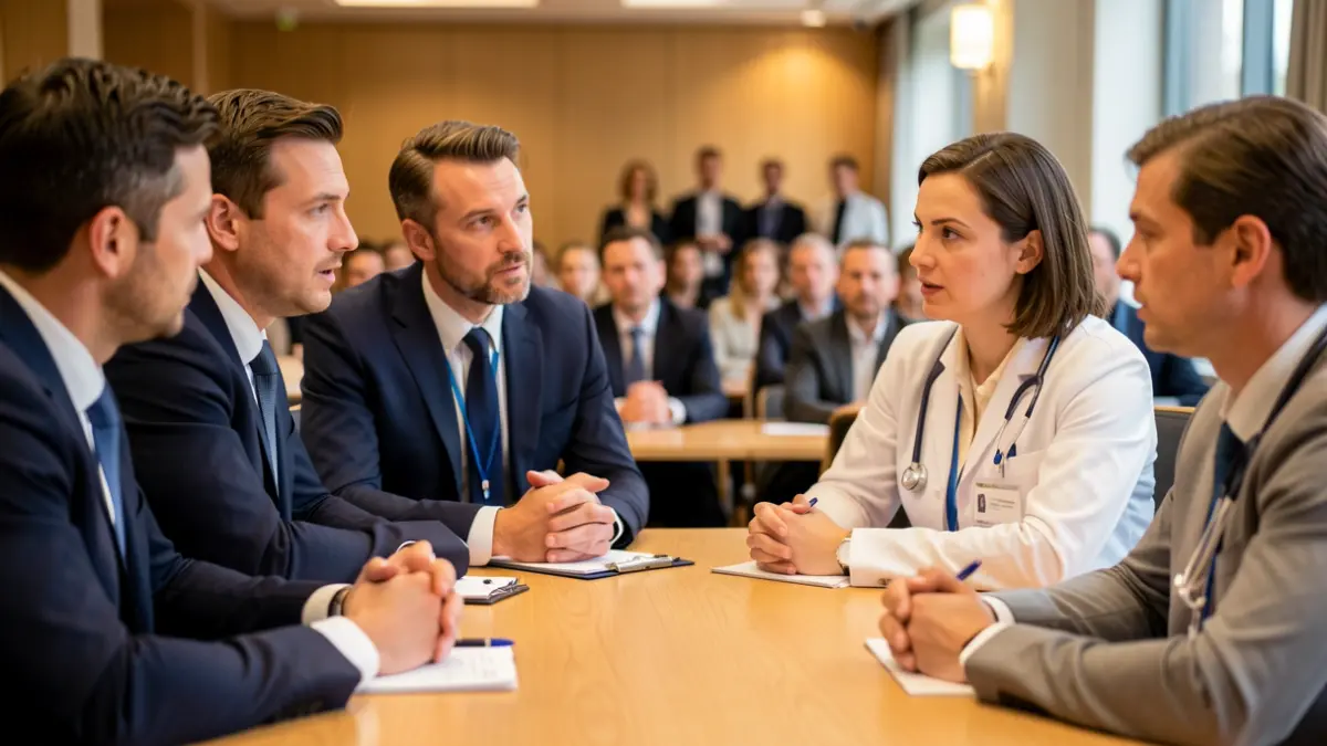 Generic image of health professionals and politicians in a debate about oral health.