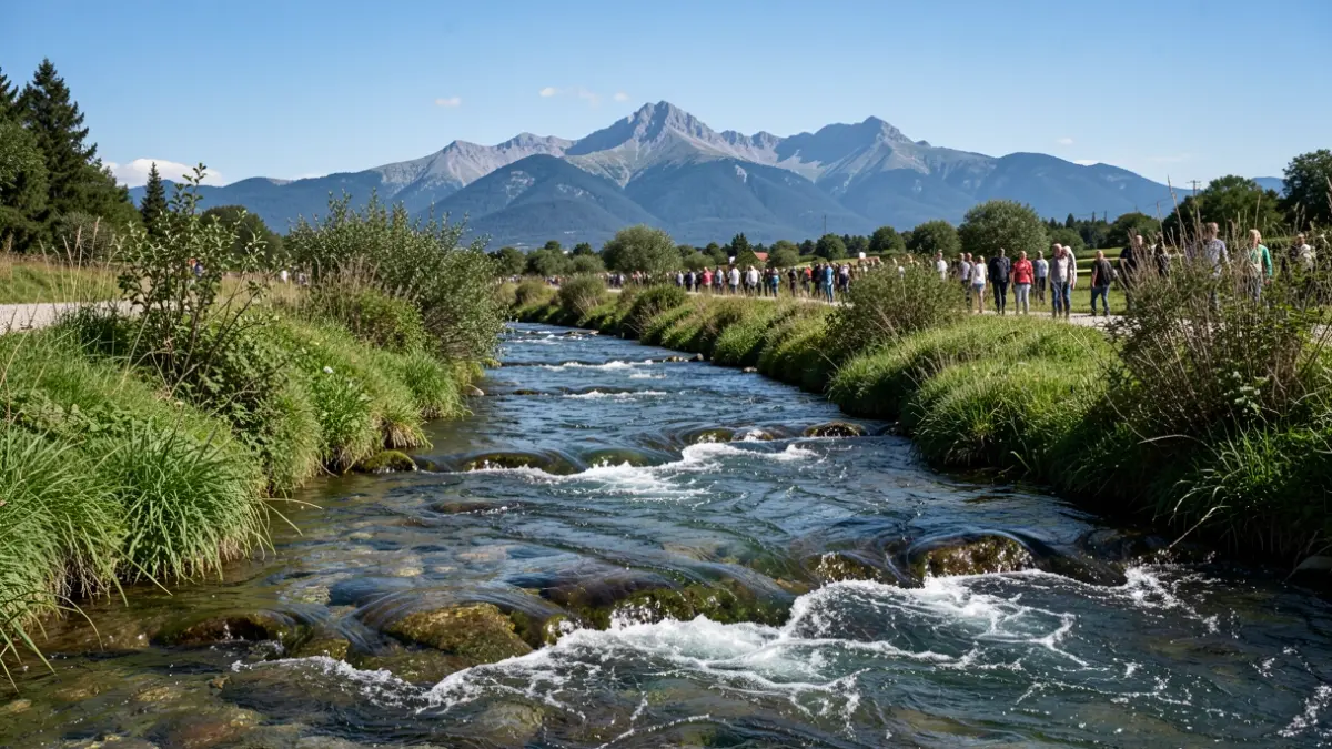 Image of a river flowing in Serra da Estrela, with vegetation and mountains in the background.