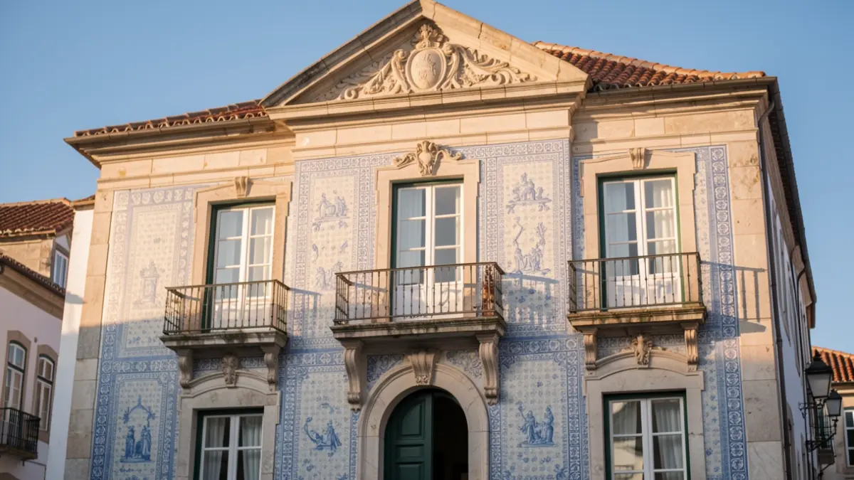 Generic image of a Portuguese municipal building facade with traditional azulejo tiles and a balcony, under a clear blue sky with soft afternoon sunlight.