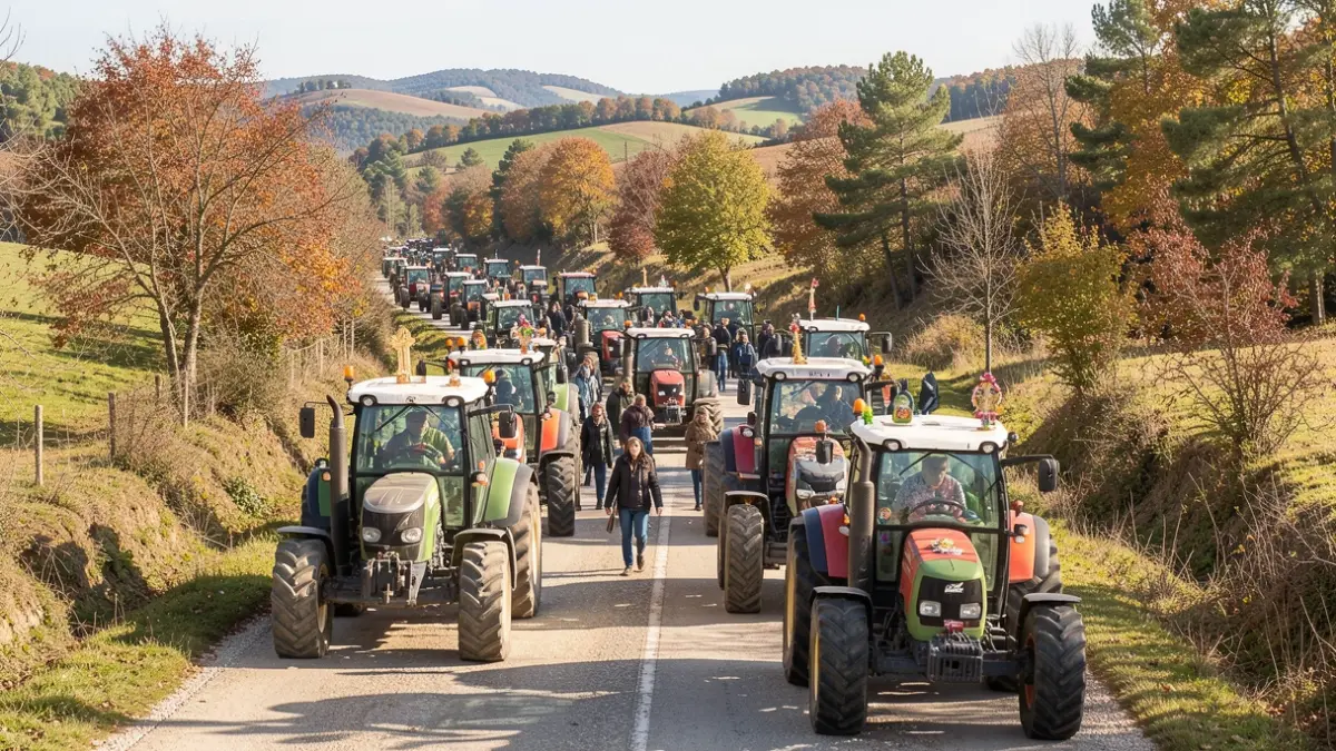 Imagen de tractores circulando en Seixo da Beira, Oliveira do Hospital, durante un evento de valorización rural.