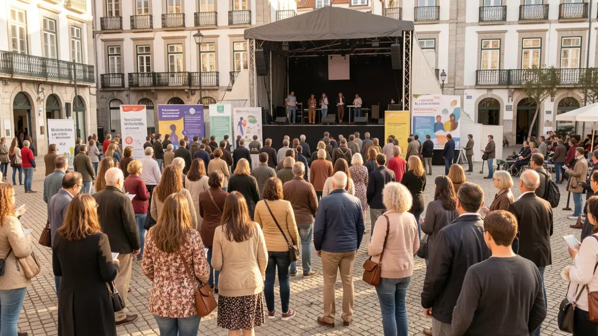 Imagen genérica de un evento comunitario de salud mental en plaza pública en Portugal, con pancartas informativas y escenario al fondo.