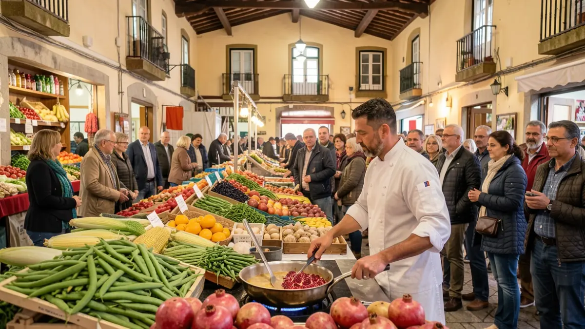 Imagem genérica de um mercado municipal português com uma demonstração de culinária.