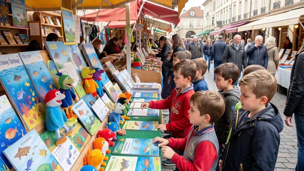 Imagen genérica de niños participando en una actividad educativa sobre biodiversidad marina y pesca sostenible, con títeres coloridos y materiales educativos en un mercado.