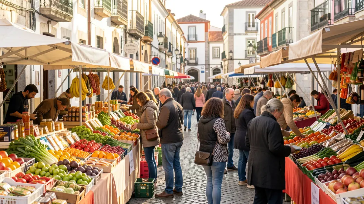 Imagem genérica de uma feira de alimentos saudáveis em Portugal, com bancas de produtos frescos e pessoas a interagir.
