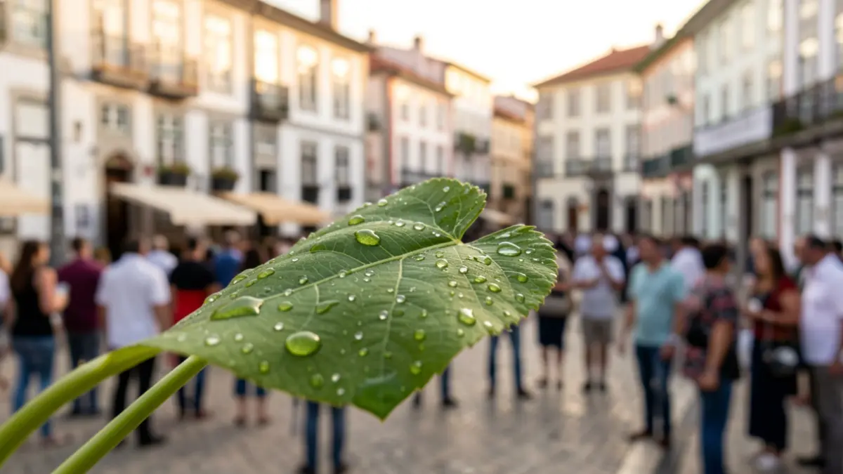Generic image of a green leaf with water droplets, symbolizing environmental awareness, with a blurred background of a Portuguese town square.