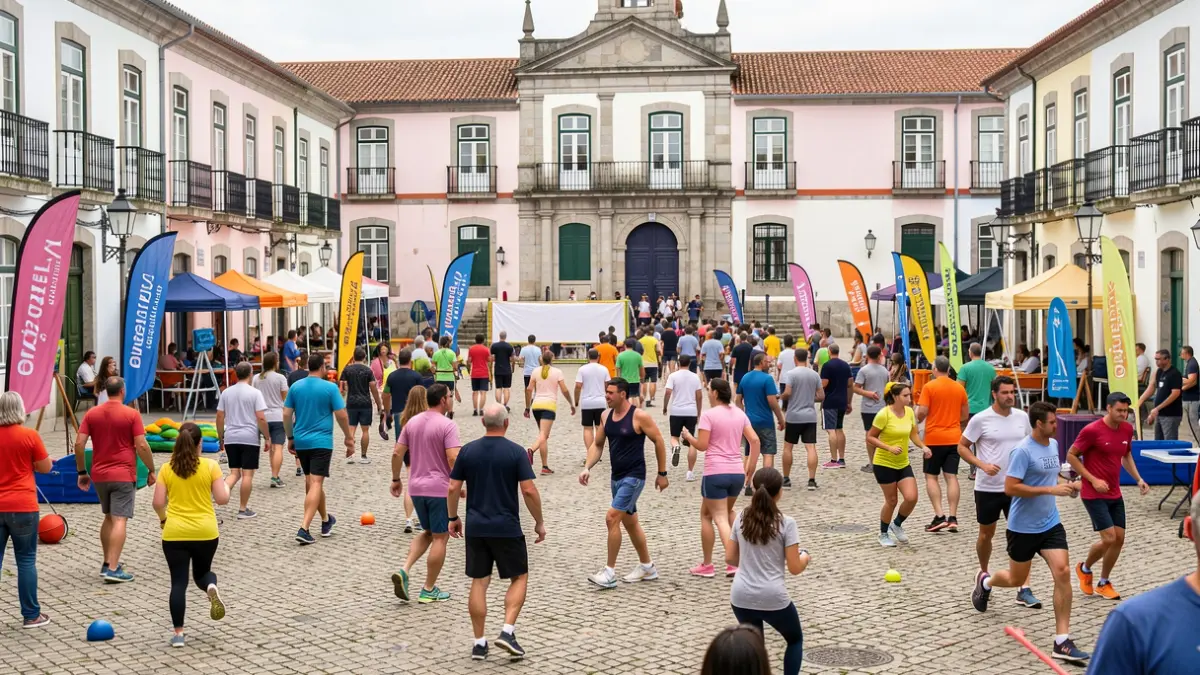 Imagem de participantes de várias idades em atividades desportivas ao ar livre em Chaves, com o edifício da Câmara Municipal ao fundo.