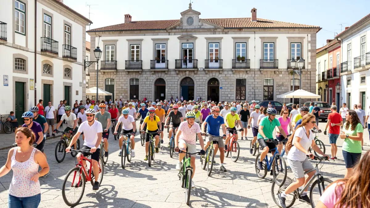 Imagen genérica de un grupo diverso de personas participando en actividades deportivas al aire libre en una plaza municipal portuguesa, con el sol brillando.