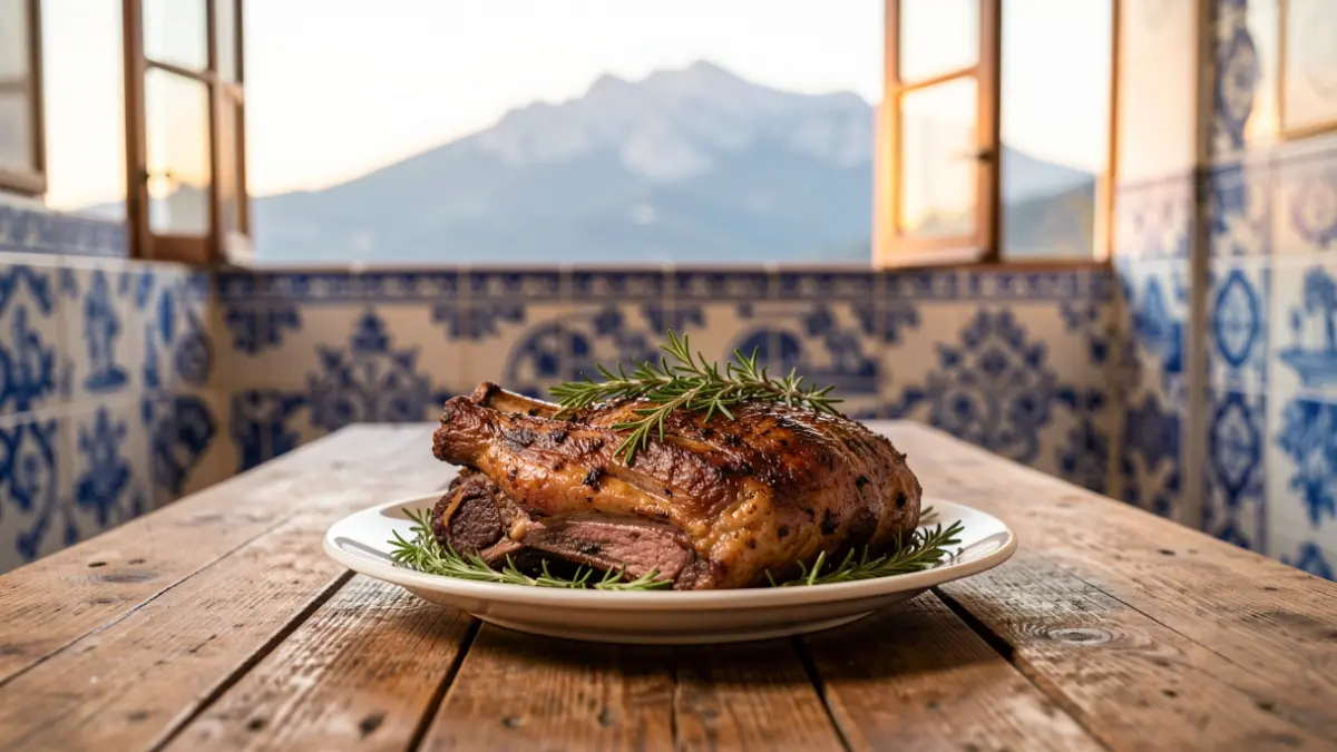 Plato de cordero asado con hierbas, en mesa rústica con azulejos y vista a la Serra da Estrela.