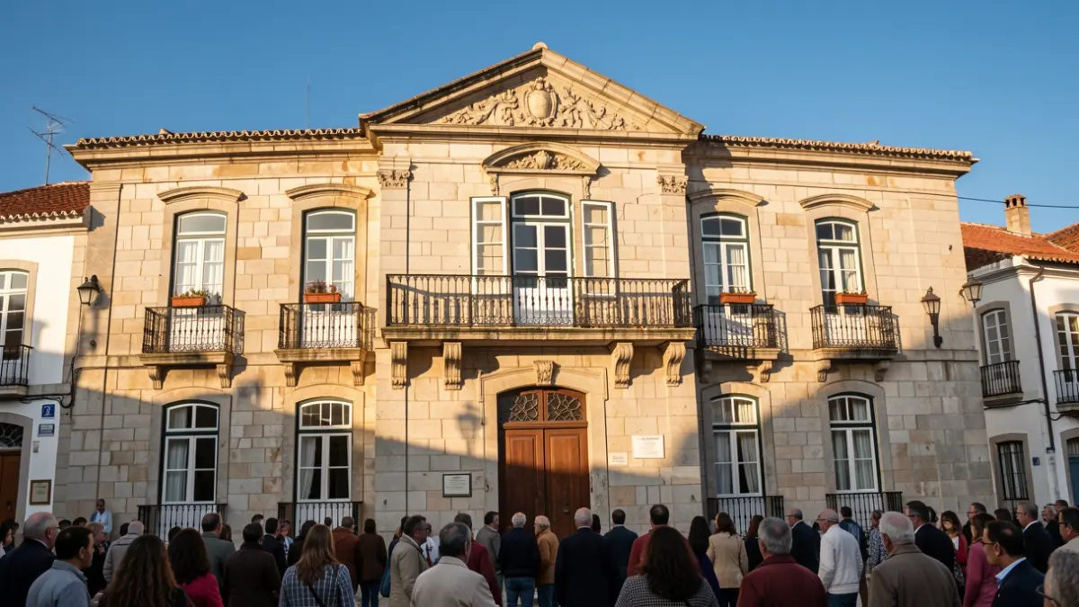 Imagem genérica de uma fachada de Câmara Municipal em pedra com varanda ornamentada e luz solar de tarde.