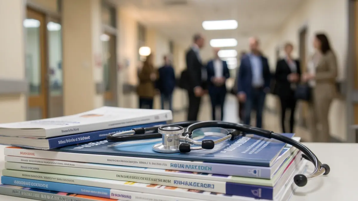 Imagem genérica de um estetoscópio sobre publicações médicas, com luzes de hospital desfocadas ao fundo.