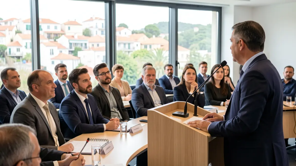 Generic image of a seminar on occupational health and mental health at work, with professionals debating and listening.