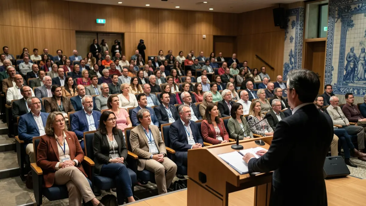 Generic image of an auditorium with about 100 participants attending a seminar on the future of children, with subtle Portuguese architectural elements.
