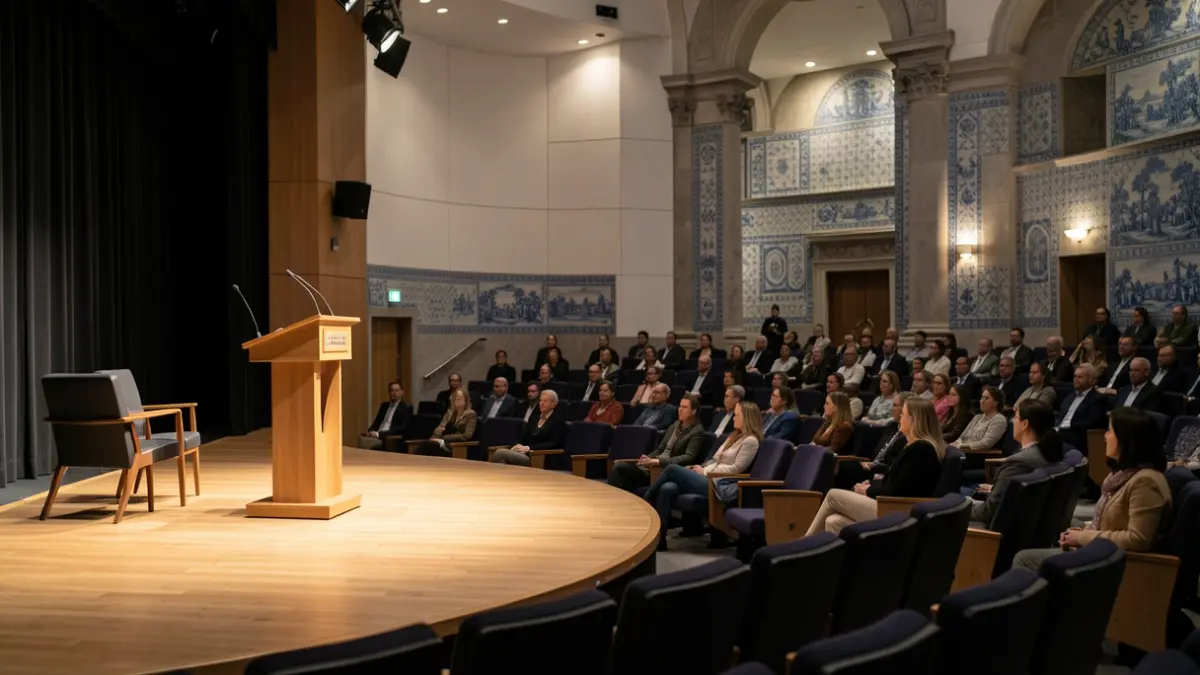 Image of an auditorium in Portugal with a lectern on stage.