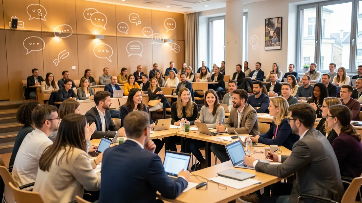 Imagem genérica de um grupo de estudantes e um orador a debater num auditório moderno, com símbolos de comunicação subtis ao fundo.