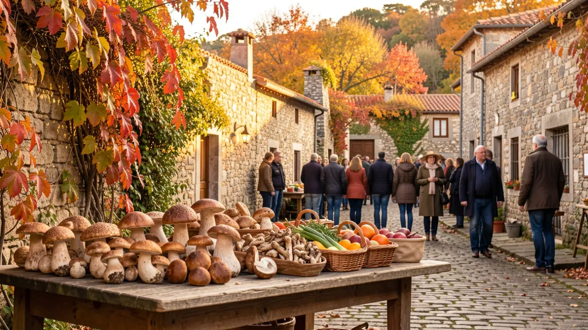 Imagem genérica de uma aldeia portuguesa no outono, com folhagem colorida e casas tradicionais de pedra, focando em elementos naturais como cogumelos e produtos locais.