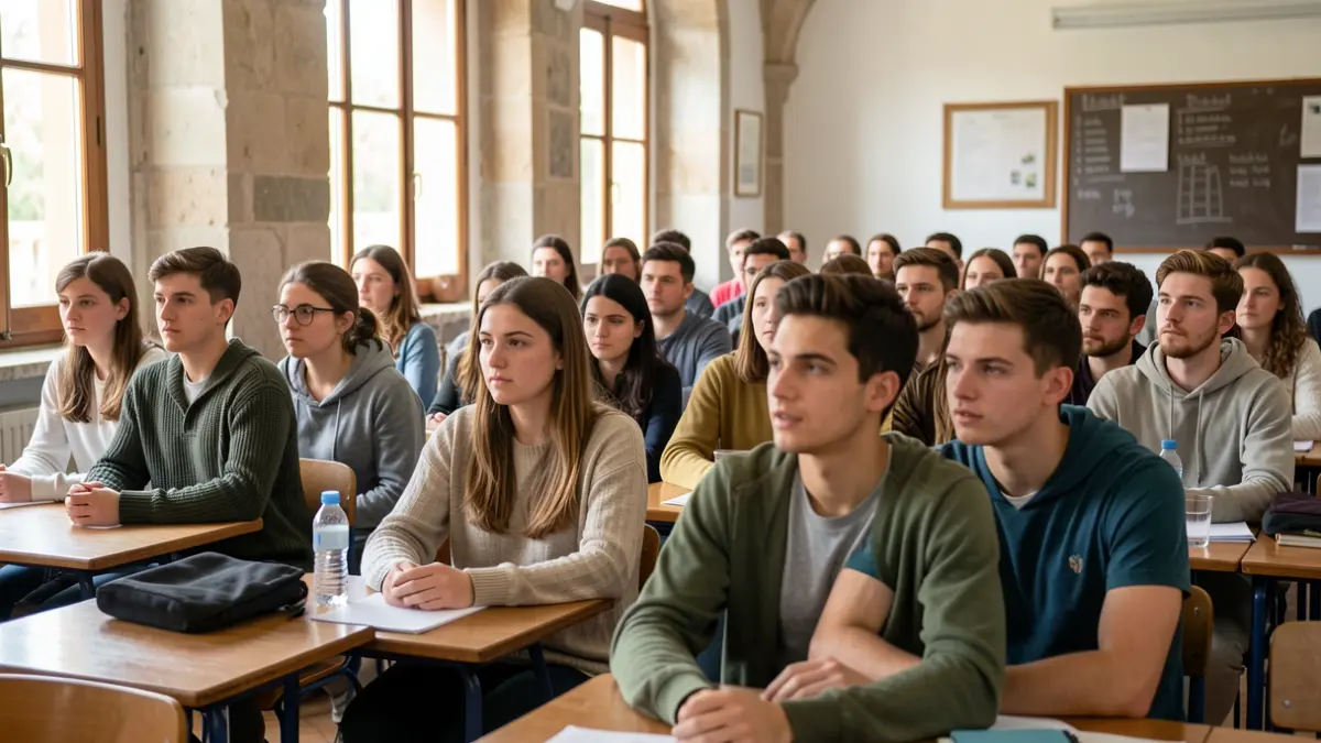 Generic image of young people in a classroom attentively listening to a speaker, with natural light and Portuguese architecture in the background.
