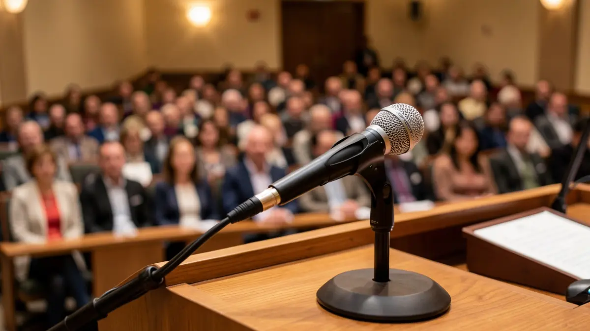 Generic image of a microphone on a lecture hall podium with blurred seating in the background.