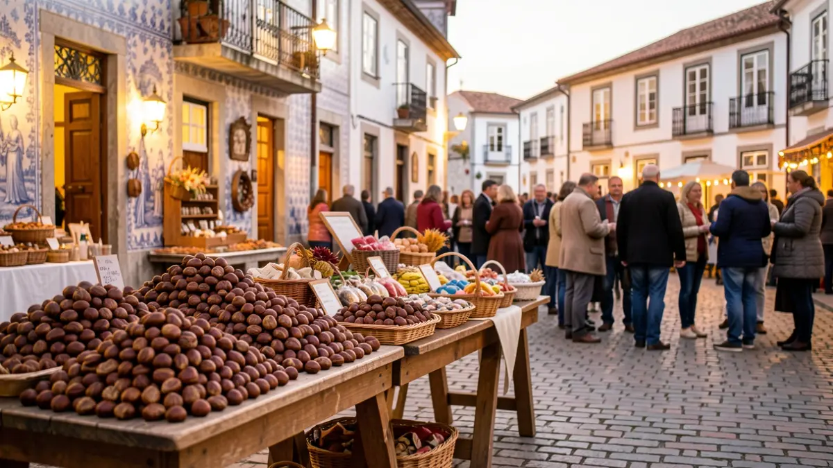 Imagem genérica de uma praça tradicional portuguesa decorada para uma festa de colheita, com castanhas assadas e artesanato.