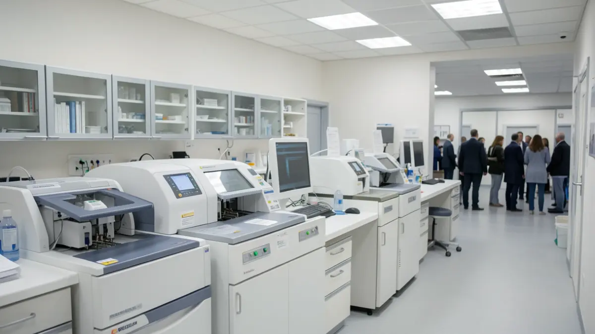 Imagem genérica de um laboratório clínico moderno em Portugal, com equipamento automatizado e ambiente organizado.