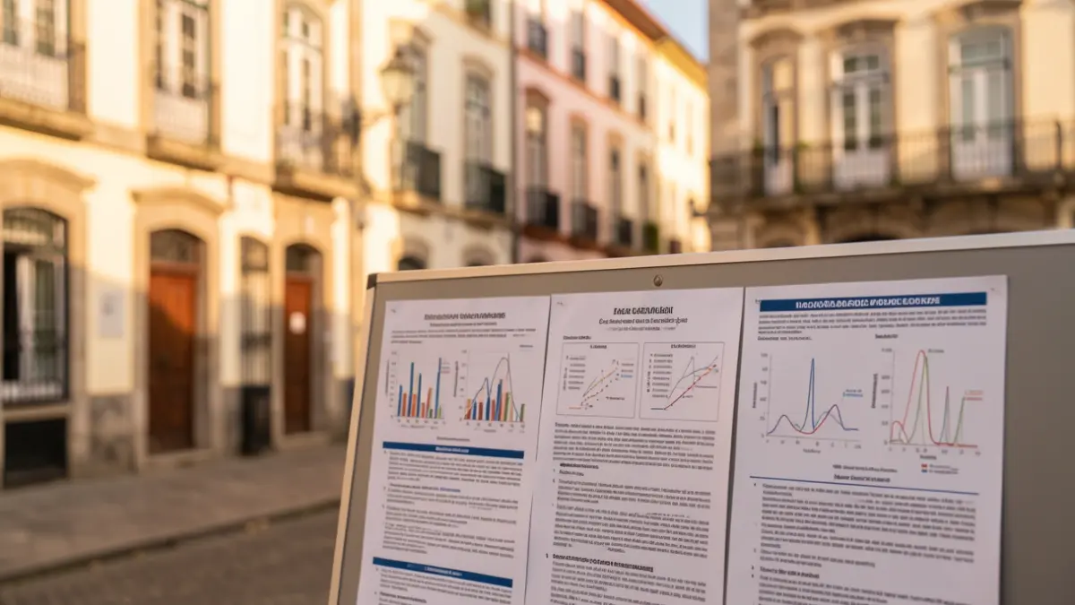 Imagen genérica de documentos de investigación médica y pósteres científicos con arquitectura portuguesa desenfocada al fondo.