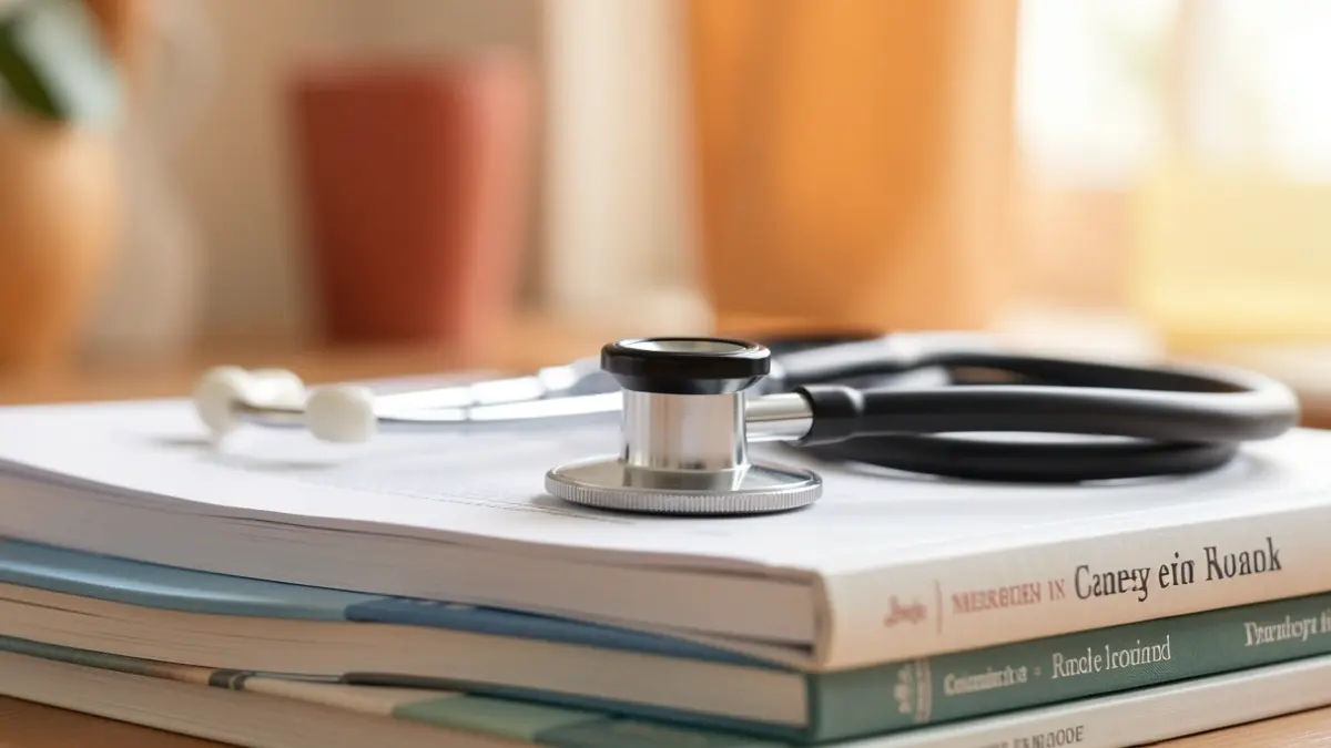 Generic image of a stethoscope on medical publications, with blurred abstract shapes in the background.